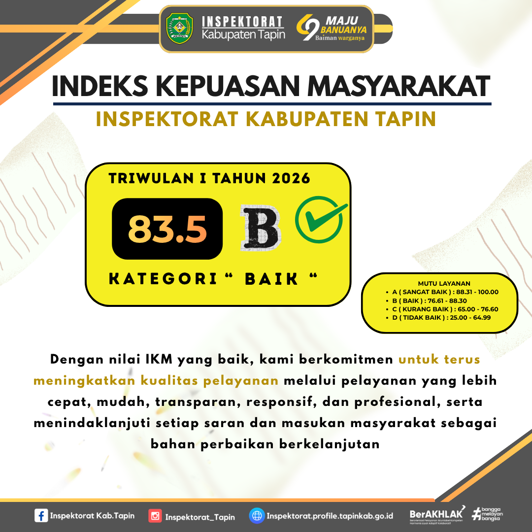 Hasil Survei Kepuasan Masyarakat Triwulan I Tahun 2026 Inspektorat Kabupaten Tapin