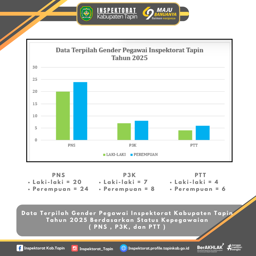 Data Terpilah Gender Pegawai Inspektorat Kabupaten Tapin Tahun 2025 Berdasarkan Status Kepegawaian ( PNS , P3K, dan PTT )