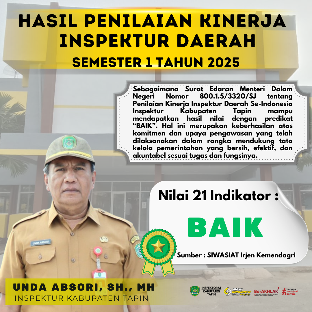 Inspektur Kabupaten Tapin Raih Predikat " BAIK " dalam Penilaian Kinerja Inspektur Daerah Se-Indonesia
